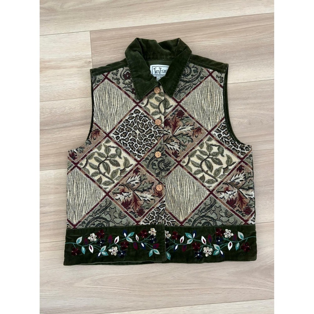 Vintage TanTrums Tapestry Vest Cottagecore Floral Embroidered Olive Green Medium